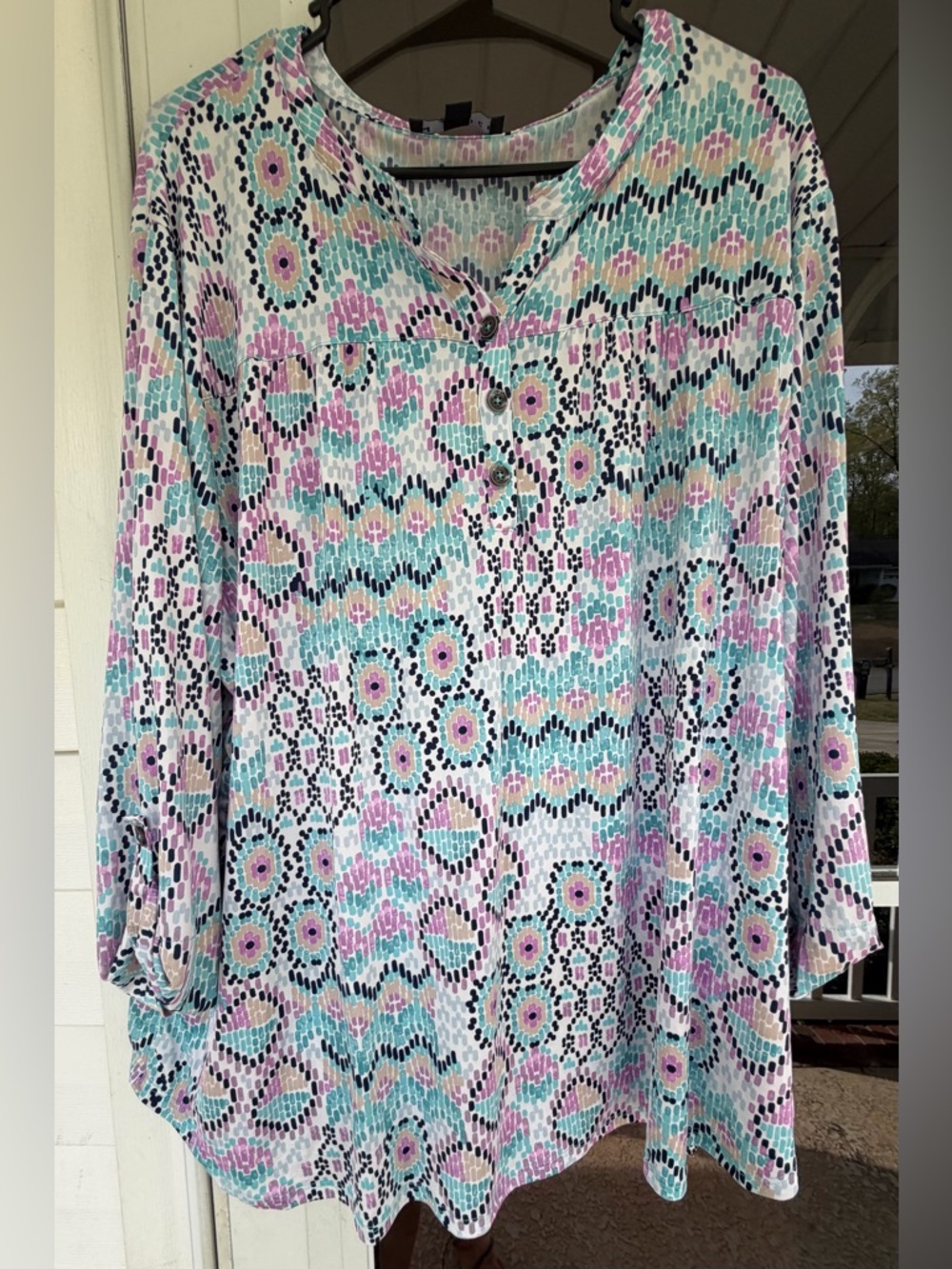 Relaxed Floral Geometric Tunic Top in Pastel Pink & Mint